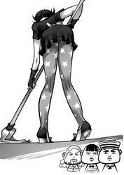  3boys ass beard bent_over bow bowtie chibi chibi_inset cleaning commentary_request dixie_cup_hat facial_hair female from_behind greyscale hat higashikata_joshu higashikata_josuke_(jojolion) higashikata_norisuke_iv high_heels highres jojo_no_kimyou_na_bouken jojolion maid military_hat monochrome mop multiple_boys nijimura_kei pantyhose photoshop_(medium) ryuusei_(mark_ii) star_(symbol) star_print 