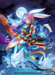  animal_ears ayu_(force_of_will) commentary_request copyright_name female flower force_of_will hair_flower hair_ornament katana long_hair moon official_art ponytail purple_hair rabbit rabbit_ears sandals scroll solo star_(sky) star_(symbol) sword thighhighs tsutsui_misa weapon yellow_eyes 