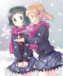  2girls brown_hair checkered_clothes checkered_scarf commentary_request green_eyes green_hair hand_on_another&#039;s_back kohinata_miku lydian_academy_school_uniform multiple_girls orange_eyes pink_scarf scarf school_uniform senki_zesshou_symphogear shared_clothes shared_scarf snowing tachibana_hibiki_(symphogear) yoshi_(koloio) yuri 