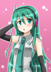  ahoge alternate_hairstyle arm_up blush commentary_request detached_sleeves female green_eyes green_hair hair_down hatsune_miku headset hidaka_toworu long_hair necktie open_mouth photoshop_(medium) solo vocaloid 