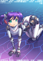  :o absurdres all_fours android barcode binary commentary_request damaged female full_body green_eyes headgear highres joints looking_at_viewer mecha_musume mechanical_parts original photoshop_(medium) purple_hair ringed_eyes robot_ears robot_joints short_twintails solo tsune_(dreamers_express) twintails 