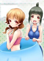  2girls breasts brown_hair commentary_request futsuu_no_joshikousei_ga_locodol_yattemita green_eyes long_hair medium_breasts mikoze_yui multiple_girls nazukari_mirai open_mouth red_eyes short_hair smile sports_bra uari 