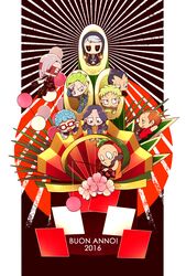  2016 arms_behind_head black_sclera blue_eyes brown_eyes chibi colored_sclera commentary_request curly_hair earrings fishing_rod flower formaggio gelato ghiaccio glasses green_eyes green_hair grey_hair hanaichi_(hana13) happy_new_year hat head_rest highres illuso italian_text jewelry jojo_no_kimyou_na_bouken kadomatsu mask melone new_year no_pupils orange_eyes orange_hair pesci prosciutto purple_eyes quad_tails red_eyes risotto_nero sitting sorbet vento_aureo 