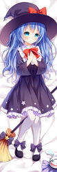  bed_sheet black_dress black_footwear black_hat blue_eyes blue_hair blush bow bowtie broom closed_mouth collar commentary_request dakimakura_(medium) date_a_live dress female frilled_collar frilled_dress frills full_body hair_between_eyes hand_puppet hands_on_own_chest hat hat_bow long_hair looking_at_viewer lying on_back pantyhose print_dress puppet purple_bow red_bow red_bowtie shoes solo star_(symbol) star_print very_long_hair white_pantyhose witch witch_hat xia_xiang_(ozicha) yoshino_(date_a_live) yoshinon 