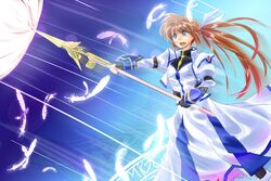  blue_eyes brown_hair commentary_request feathers female long_hair lyrical_nanoha magic_circle magical_girl mahou_shoujo_lyrical_nanoha_strikers open_mouth raising_heart raising_heart_(exceed_mode) side_ponytail solo sonyntendo takamachi_nanoha takamachi_nanoha_(exceed_mode) 