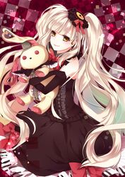  an-mar blonde_hair bow commentary_request doll dress elbow_gloves female gloves highres long_hair looking_at_viewer mayu_(vocaloid) piano_print smile solo stuffed_animal stuffed_rabbit stuffed_toy twintails usano_mimi very_long_hair vocaloid yellow_eyes 