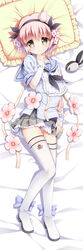  bed_sheet black_hairband black_ribbon blue_sailor_collar blue_shirt blush boots commentary_request dakimakura_(medium) detached_sleeves fav_(mahoiku) female flower frilled_pillow frills full_body grey_skirt hair_flower hair_ornament hair_ribbon hairband hand_up head_tilt looking_at_viewer lying mahou_shoujo_ikusei_keikaku on_back panties panty_peek pillow pink_flower pink_hair pink_panties pleated_skirt ribbon sailor_collar shirt short_hair short_sleeves skirt sleeves_past_wrists snow_white_(mahoiku) solo thigh_boots thighhighs underwear white_footwear white_thighhighs xia_xiang_(ozicha) yellow_eyes 