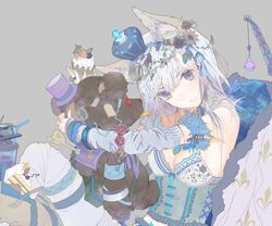  animal_ears arm_warmers armband armlet bare_shoulders blue_bow blue_eyes blue_ribbon bow breasts buttons cake cat_ears choker cleavage corset crane crown cup drink drinking_straw female fleur_de_lis flower food fork fruit fur_trim fuyuno_haruaki grey_background grey_rose hair_flower hair_ornament hair_ribbon hairband hat holding jewelry leaf long_hair lots_of_jewelry mini_crown open_mouth original price_tag purple_ribbon red_rose ribbon rose silver_hair simple_background solo straw strawberry stuffed_animal stuffed_toy teddy_bear top_hat wrecking_ball 