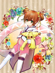  anise_tatlin anise_tatlin_(cosplay) bad_id bad_pixiv_id brown_hair coat cosplay doll female floral_background flower gloves green_eyes highres in-franchise_crossover rita_mordio rose short_hair short_twintails solo tales_of_(series) tales_of_the_abyss tales_of_vesperia thighhighs tokunaga_(tales) twintails urihara84 white_thighhighs 