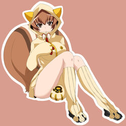  animal_ears animal_hood black_eyes blazblue brown_hair cat_hood commentary_request cosplay female highres hood hoodie legs looking_at_viewer makoto_nanaya mokkyu solo squirrel_girl squirrel_tail tail taokaka taokaka_(cosplay) 