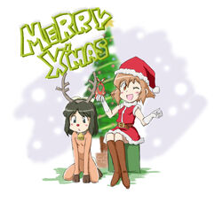  2girls animal_costume antlers bell black_eyes black_hair boots brown_eyes brown_hair chibi christmas_tree collar commentary_request elbow_gloves gloves hat horns kohinata_miku merry_christmas multiple_girls neck_bell negiyakumi noise_(symphogear) one_eye_closed red_nose reindeer_costume santa_costume santa_hat senki_zesshou_symphogear tachibana_hibiki_(symphogear) 