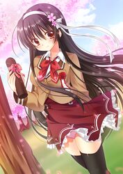  black_hair black_thighhighs cherry_blossoms commentary_request diploma female flower graduation hair_flower hair_ornament hairband holding long_hair nakada_rumi original panties pink_panties school_uniform smile solo thighhighs underwear 