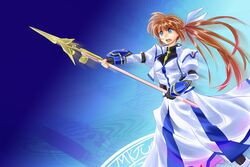  blue_eyes brown_hair commentary_request female long_hair lyrical_nanoha magic_circle magical_girl mahou_shoujo_lyrical_nanoha_strikers open_mouth raising_heart raising_heart_(exceed_mode) side_ponytail solo sonyntendo takamachi_nanoha takamachi_nanoha_(exceed_mode) 