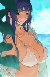  bad_id bad_pixiv_id bikini blue_eyes blue_hair blush breasts dripping female hirose_sumire kurage large_breasts long_hair open_clothes open_shirt saki_(manga) shirt solo swimsuit water white_bikini 