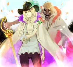  blonde_hair cape cavendish dual_persona flower hakuba_(one_piece) hat long_hair looking_at_viewer male male_focus neko_ni_chikyuu one_piece open_clothes open_shirt plume shirt sword weapon 