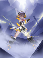  armor commentary_request electricity female furuu glowing glowing_eyes magical_girl senki_zesshou_symphogear solo tachibana_hibiki_(symphogear) 