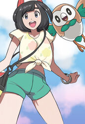  bag bangs bare_legs beanie black_eyes black_hair breasts clouds cloudy_sky eyelashes female female_protagonist_(pokemon_sm) floral_print from_below front-tie_top green_shorts handbag happy hat highres jewelry looking_down navel open_mouth pokemon pokemon_(game) pokemon_sm red_hat rowlet shirt short_hair short_shorts short_sleeves shorts sky strap_cleavage swept_bangs t-shirt teeth thighs tied_shirt z-ring 