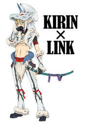  1boy armor blonde_hair blue_eyes blush commentary_request crossover elbow_gloves gloves helmet inumimi_moeta jewelry kirin_(armor) link male_focus midriff monster_hunter_(series) navel necklace pointy_ears sheath sheathed solo sword the_legend_of_zelda the_legend_of_zelda:_twilight_princess weapon 