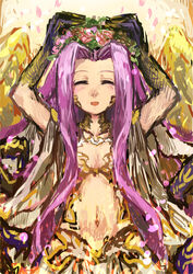  38legio bad_id bad_pixiv_id blush bustier claws cleavage_cutout clothing_cutout commentary_request cosplay fate/grand_order fate_(series) female flower flower_wreath gorgon_(fate) gorgon_(fate)_(cosplay) hair_flower hair_ornament head_wreath long_hair looking_at_viewer medusa_(fate) medusa_(lancer)_(fate) monster_girl navel open_mouth pelvic_curtain purple_hair scales smile solo very_long_hair wings 