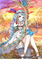  banamons bare_shoulders barefoot barefoot_sandals_(jewelry) blue_hair braid circlet cloud cloudy_sky copyright_name dragon feathers female force_of_will horns jewelry long_hair mountain necklace official_art pink_eyes pointy_ears protected_link sandals sitting sky solo twin_braids very_long_hair 