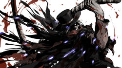  1boy blood blood_on_clothes blood_splatter bloodborne burial_blade cloak commentary_request gehrman_the_first_hunter hat highres red_scarf ruukii_drift scarf scythe shaded_face spoilers top_hat white_background white_eyes white_hair 