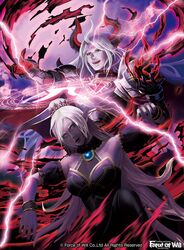  1boy bracelet commentary_request copyright_name electricity female force_of_will highres jewelry ko-ran magic_circle nail_polish official_art open_mouth pointy_ears ponytail red_eyes teeth welser_(force_of_will) white_eyes white_hair 