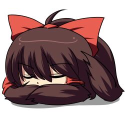  bad_id bad_pixiv_id bow brown_hair chigaunsuyo closed_eyes covering_own_mouth hair_tubes hairbow hakurei_reimu leon_(mikiri_hassha) lowres no_humans ponytail red_bow simple_background sleeping solo touhou yukkuri_shiteitte_ne 