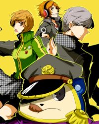  2boys apper500 bad_id bad_pixiv_id brown_eyes brown_hair female hanamura_yousuke hat headphones jacket kuma_(persona_4) multiple_boys narukami_yuu persona persona_4 persona_4:_the_ultimate_in_mayonaka_arena satonaka_chie school_uniform short_hair skirt smiley_face track_jacket 