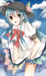  bad_id bad_pixiv_id blue_hair blue_sky clothes_lift cloud covering_crotch covering_privates day female floral_print food fruit hat highres hinanawi_tenshi long_hair open_mouth peach pink_eyes saijou_haruki shirt skirt skirt_lift sky solo touhou wind 