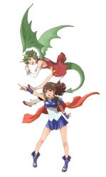  2girls arle_nadja armor armored_dress asymmetrical_clothes bare_legs blue_skirt breastplate brown_eyes brown_hair cape china_dress chinese_clothes draco_centauros dragon_girl dragon_horns dragon_tail dragon_wings dress enami_katsumi green_hair green_wings highres horns jewelry madou_monogatari multiple_girls open_mouth pauldrons photoshop_(medium) pointing pointy_ears puyopuyo ring short_hair shoulder_armor single_pantsleg skirt tail white_background wings yellow_eyes 