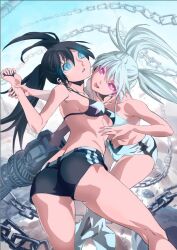  2girls ass bare_shoulders bikini bikini_top_only black_hair black_rock_shooter black_rock_shooter_(character) black_rock_shooter_(game) black_shorts blue_eyes boots chains commentary_request feng_shui_(daleilang) glowing glowing_eyes long_hair midriff multiple_girls navel no_shirt red_eyes short_shorts shorts swimsuit twintails twisted_torso very_long_hair weapon white_bikini white_hair white_rock_shooter white_shorts yuri 