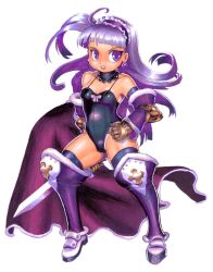  ahoge bad_id bad_pixiv_id black_thighhighs boots cape choker dark_eclair discozombie104 earrings eclair_(la_pucelle) female frills full_body gloves hairband jewelry la_pucelle leotard long_hair purple_eyes purple_footwear purple_hair smile solo sword thigh_boots thighhighs weapon 