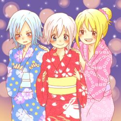  3girls blonde_hair blue_hair blush fairy_tail japanses_clothes juvia_loxar lisanna lisanna_strauss lowres lucy_heartfilia multiple_girls puuma_(pixiv1277374) smile white_hair 