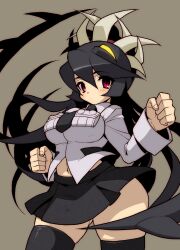  bad_id bad_pixiv_id black_hair black_thighhighs blush breasts clenched_hands extra_mouth female fighting_stance filia_(skullgirls) glowing glowing_eyes hip_focus impossible_clothes impossible_shirt large_breasts long_hair miniskirt nama_(tadpole) navel necktie prehensile_hair red_eyes samson_(skullgirls) shirt simple_background skindentation skirt skullgirls solo teeth thick_thighs thighhighs thighs very_long_hair wide_hips yellow_eyes 