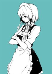  apron bow braid commentary_request crossed_arms expressionless female hairbow izayoi_sakuya knife lefthand maid monochrome short_hair simple_background solo touhou twin_braids waist_apron 