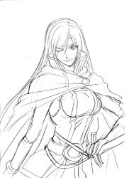  absurdres cape commentary_request faris_scherwiz female final_fantasy final_fantasy_5 graphite_(medium) greyscale headband highres long_hair monochrome one_eye_closed photoshop_(medium) sleeveless smile solo sword traditional_media weapon yokota_mamoru 