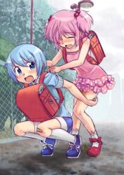  2girls aged_down backpack bad_id bad_pixiv_id bag bandages bandaid bandaid_on_knee bandaid_on_leg blue_eyes blue_hair blush bush carrying closed_eyes clothes_grab fence hair_bobbles hair_ornament hair_ribbon highres kaname_madoka lamppost mahou_shoujo_madoka_magica mahou_shoujo_madoka_magica_(anime) mahou_shoujo_madoka_magica_novel miki_sayaka multiple_girls niina_ryou open_mouth peeing peeing_self photoshop_(medium) piggyback pink_hair pink_skirt rain randoseru ribbon shirt short_hair shorts skirt squatting tears twintails urine 