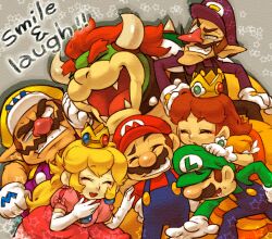  2girls 4boys :d ^_^ bad_id bad_pixiv_id blonde_hair blush bow bowser brothers brown_hair buttons closed_eyes clothes_writing collar constricted_pupils crown dress earrings elbow_gloves english_text everyone facial_hair fangs gem gloves grey_background grin hand_on_another&#039;s_cheek hand_on_another&#039;s_face hand_on_another&#039;s_head hand_on_another&#039;s_shoulder hands_on_own_hips hat horns jewelry laughing long_hair long_nose looking_at_another luigi mario mario_(series) moustache multiple_boys multiple_girls naco24 open_mouth outstretched_arm overalls photoshop_(medium) pink_dress plump pointy_ears princess_daisy princess_peach puffy_short_sleeves puffy_sleeves raised_eyebrow red_hair red_nose shadow shell short_hair short_sleeves siblings sideburns smile spikes standing star_(symbol) studded_collar sweatdrop thick_eyebrows uneven_eyes very_long_hair waluigi wario white_gloves 