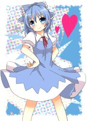  blue_dress blue_eyes blue_hair bow cirno commentary_request dress female hairbow halftone halftone_background hands_on_own_hips head_tilt heart looking_at_viewer neck_ribbon patterned_background puffy_short_sleeves puffy_sleeves ribbon short_hair short_sleeves solo touhou wings yuria_(kittyluv) 