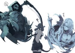  ? anger_vein bad_id bad_pixiv_id bare_shoulders black_thighhighs blue_hair breasts cleavage commentary_request dizzy_(guilty_gear) female from_behind guilty_gear guilty_gear_x guilty_gear_xx large_breasts middle_finger necro_(guilty_gear) one_eye_closed photoshop_(medium) rca ribbon scythe simple_background skull tail tail_ornament tail_ribbon thighhighs undine_(guilty_gear) 