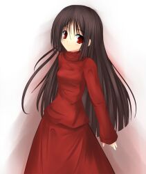  alma_(f.e.a.r.) black_hair commentary_request dress f.e.a.r. female long_hair looking_at_viewer niboss red_dress red_eyes sleeves_past_wrists solo 