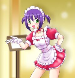  commentary_request female gloves green_eyes hayate_no_gotoku! highres hoshikawa_tsukimi purple_hair segawa_izumi short_hair solo twintails waitress 