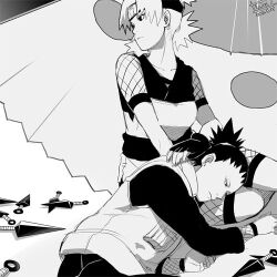  fingerless_gloves fishnets flak_jacket forehead_protector gloves kunai lap_pillow lowres lying monochrome nara_shikamaru naruto on_side temari vest weapon wei 