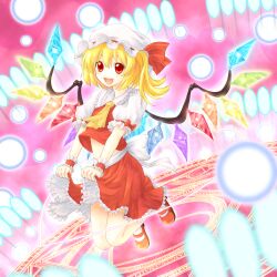  :d ascot blonde_hair bow clothes_lift commentary_request danmaku female flandre_scarlet hat hat_ribbon heart highres large_bow magic_circle mary_janes midriff navel open_mouth red_eyes ribbon shimada_(simada_bu) shoes short_hair side_ponytail skirt skirt_lift skirt_set smile solo touhou wings wrist_cuffs 