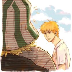  2boys bleach blonde_hair brown_eyes fan frown hat kim_pang-e kurosaki_ichigo multiple_boys orange_hair urahara_kisuke 