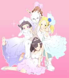  1boy 4girls aoyama_mio barefoot commentary_request dress highres kami_nomi_zo_shiru_sekai lune_(kaminomi) multiple_girls photoshop_(medium) uemoto_sumire vulcanus_(kaminomi) wedding_dress yuto_(dialique) 