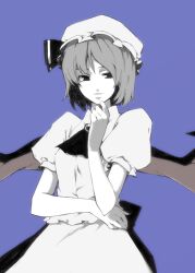  alternate_hairstyle ascot brooch female hand_on_own_chin hands hat jewelry lefthand light_smile lips monochrome puffy_sleeves remilia_scarlet short_hair short_sleeves simple_background solo teenage touhou wings 