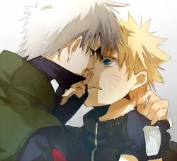  2boys blonde_hair blue_eyes blush gray_hair grey_hair hatake_kakashi kissing multiple_boys naruto sakamoto_bin short_hair uzumaki_naruto yaoi 