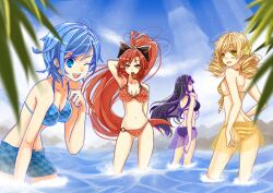  4girls absurdres akemi_homura ass bad_id bad_pixiv_id beach bikini black_hair blonde_hair blue_eyes blue_hair bow breasts drill_hair food frills hair_ornament hairbow highres kikimi long_hair looking_at_viewer looking_back mahou_shoujo_madoka_magica mahou_shoujo_madoka_magica_(anime) medium_breasts miki_sayaka mouth_hold multiple_girls navel o-ring o-ring_bikini o-ring_bottom one_eye_closed partially_submerged photoshop_(medium) ponytail purple_eyes purple_sarong red_eyes red_hair sakura_kyoko sarong see-through see-through_sarong short_hair sideboob striped swimsuit taiyaki tomoe_mami wagashi water yellow_eyes yellow_sarong 