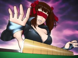  amami_haruka blindfold breasts brown_hair cleavage commentary_request elbow_gloves facing_viewer female fingerless_gloves gloves hair_ribbon idolmaster idolmaster_(classic) lips mahjong mahjong_tile medium_breasts popped_collar red_blindfold ribbon short_hair smile solo wata_do_chinkuru 